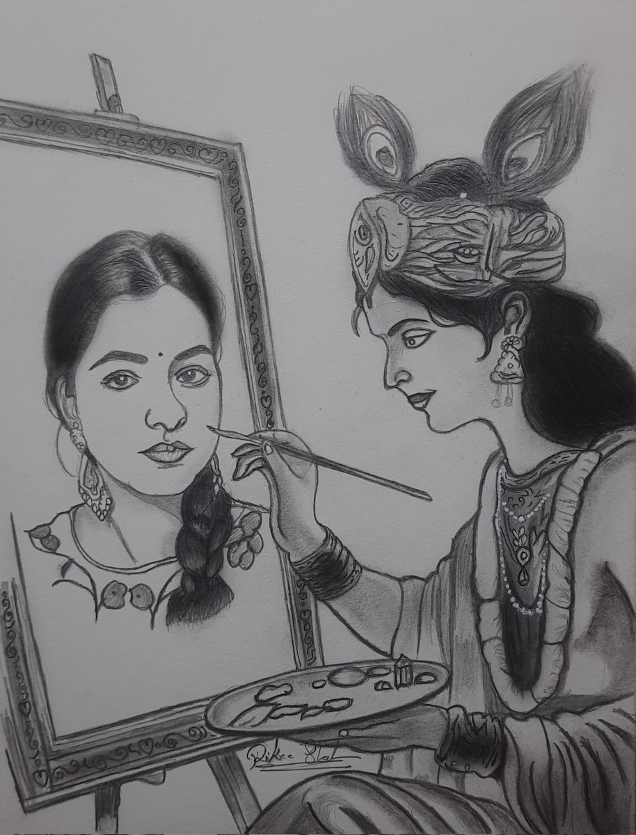 RikeeShah's tweet photo. Realistic conceptual pencil sketch you can all see, Shri Krishna is painting a picture of that girl-a girl I like very much. But I can't say anything to her. I just try to make her feel what I want to say through the sketch,so that she can understand—but unfortunately, she can't. https://t.co/dzOSTFG6QV