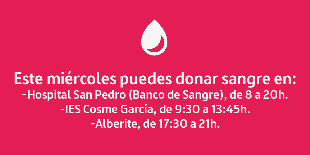 📅Este miércoles puedes donar sangre en:
🏥#HospitalSanPedro, de 8 a 20h.
🚌<a href="/IESCosmeGarcia/">Cosme García</a>, de 10 a 13:45h.
🚌#Alberite, de 17:30 a 21h.

✅Dona sangre si te encuentras bien de salud y tienes entre 18 y 65 años
☎️941298494
💻bancosangrerioja.org