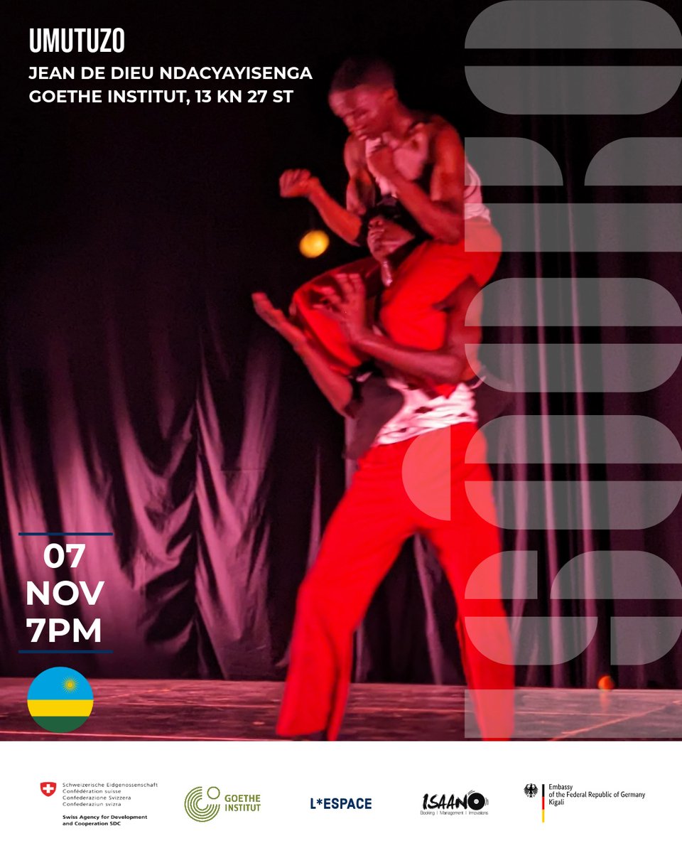 ✨ The Isôoko Great Lakes Festival brings "UMUTUZO" by Jean De Dieu Ndacayisenga (🇷🇼)
Date: Friday, November 7, 2025
Time: 7:00 PM
Venue: Goethe Institut, 13 KN 27 ST
This piece promises a deeply contemplative yet visually compelling exploration of inner peace through dance.