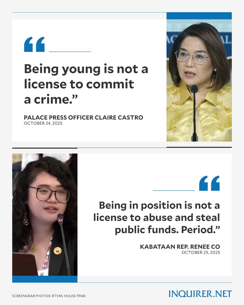 inquirerdotnet's tweet photo. ‘BEING IN POSITION IS NOT A LICENSE TO ABUSE & STEAL PUBLIC FUNDS’

Kabataan Rep. Renee Co slams Palace press officer Claire Castro for telling student leaders that being part of the youth is not an excuse to commit a crime, after they questioned the police’s quick arrest of young protesters but slow action against corrupt officials.

Co said the remark dismisses the youth’s legitimate grievances against corruption and impunity.

READ RELATED STORY: https://t.co/USaUWCuPUU