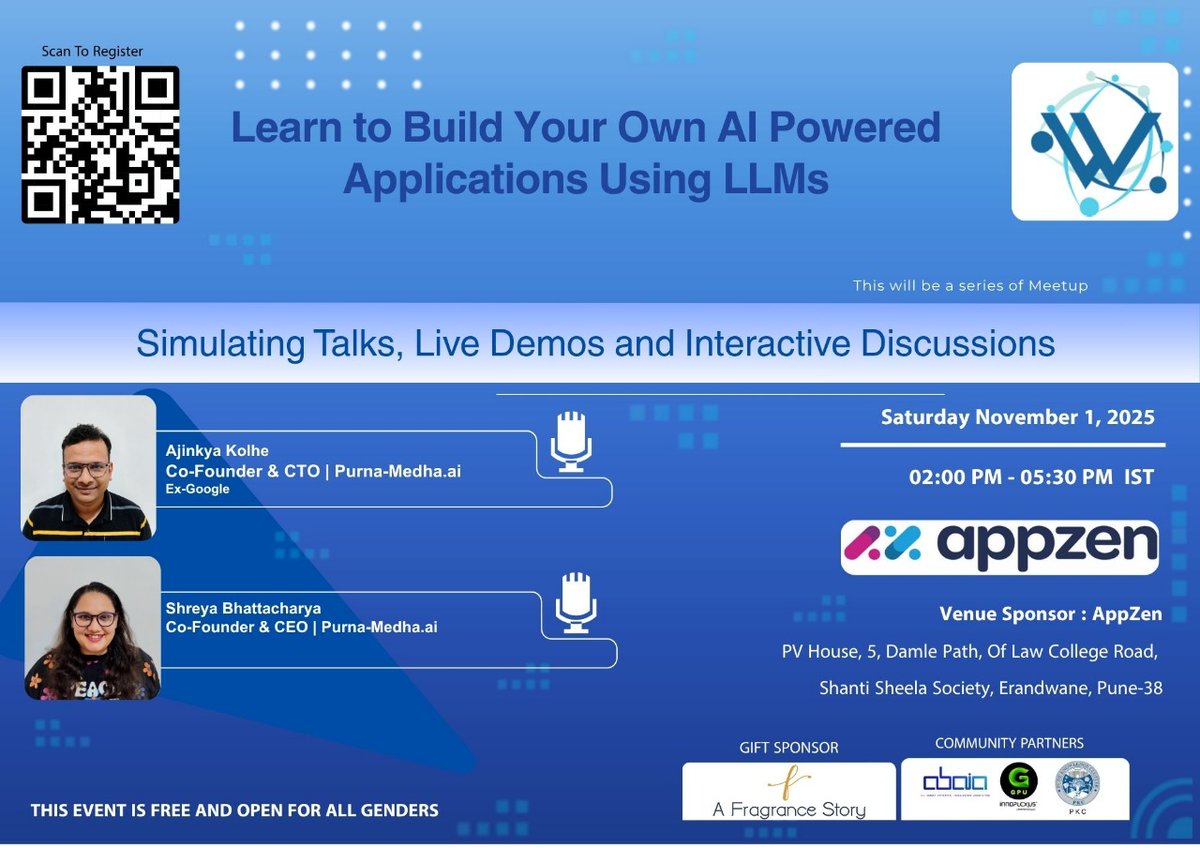 Next 2 sessions is part of our ongoing Gen-AI Learning Series, which started in July 2025 which explores five core components — RAGs (Retrieval-Augmented Generation), AI Agents, MCPs (Model Context Protocols), LLM Fine-Tuning, and LLM-based Applications.
meetup.com/pune-women-in-…