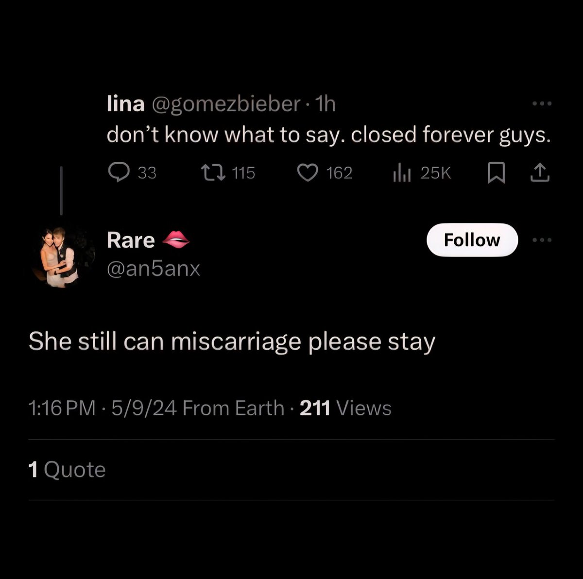 single_von's tweet image. But according to selena gomez fans its fair game to bully a baby &amp;amp; to wish Hailey to have a miscarriage??
What i find more disgusting is how selena gomez has treated her kidney donor..&amp;amp; all the bullying she has had her fans direct to Hailey Bieber..in her name!
But thats just me!