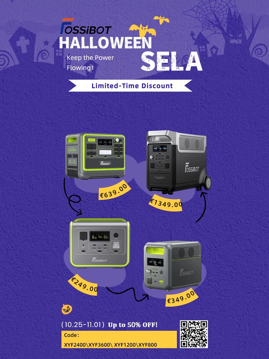 FossibotTech's tweet image. 🎃 FOSSiBOT Halloween Power Sale!
🕸️ Oct 25–Nov 1 | Up to 50% OFF!
🎁 Codes:
XYF800 €30 off | XYF1200 €30 off
XYF2400 €40 off | XYF3600 €60 off
XYFAC580 €10 off | XYSP200 €20 off | XYSP420 €60 off
👉 fossibot.live/25Hallow
#FOSSiBOT #PortablePower #SolarEnergy #OffGrid