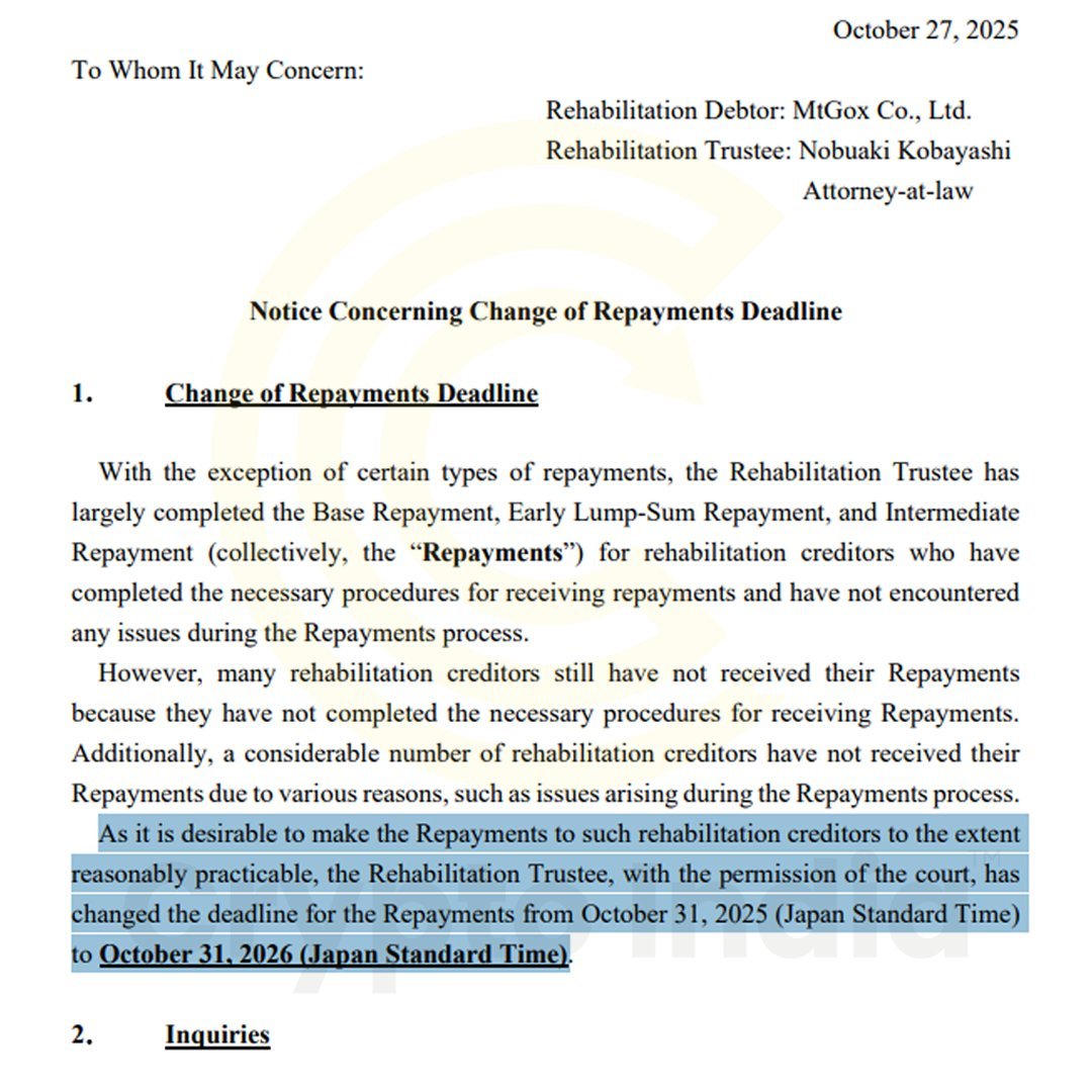 🥔CRIPTOVALUTE : Mt. Gox posticipa i rimborsi ai creditori: nuova scadenza ottobre 2026