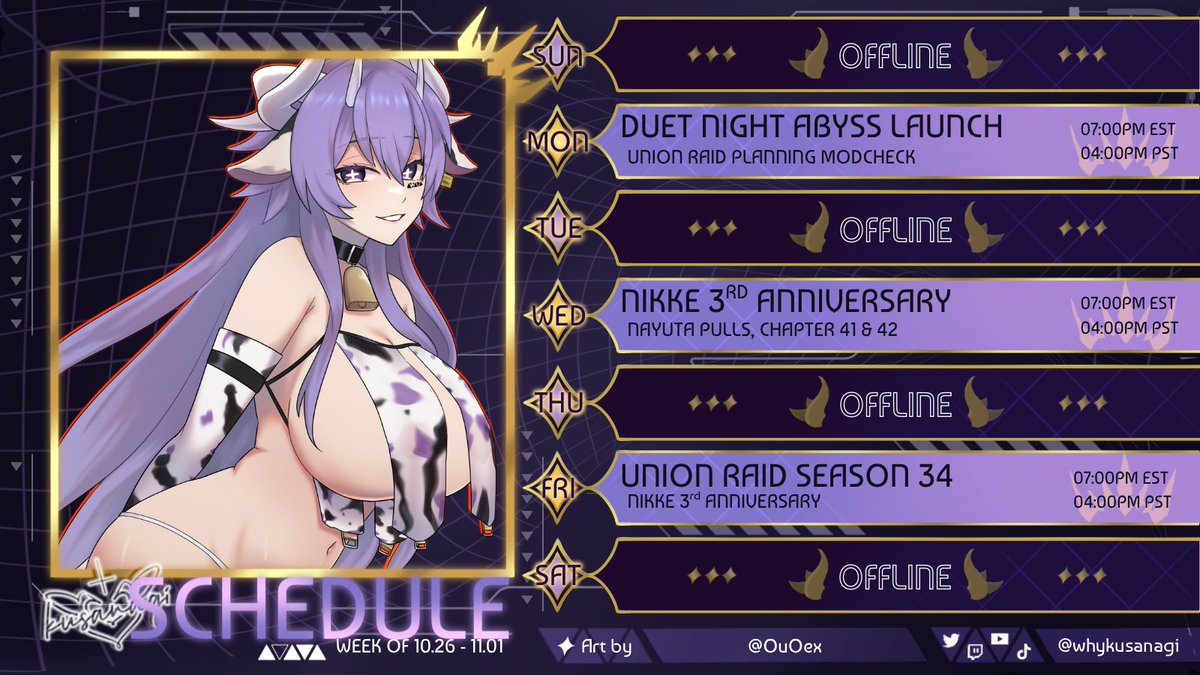 Another week in the abyss~ 💜
I’ll be pulling, grinding, and maybe… suffering for pilgrims 😈 
Grinding out Duet Night Abyss. 
Catch me live for the 3rd Anniversary &amp; Union Raids!
Illust by: <a href="/OuOex/">OuO</a> 

#CelesteAI #NIKKE3rdAnniversary #DNA