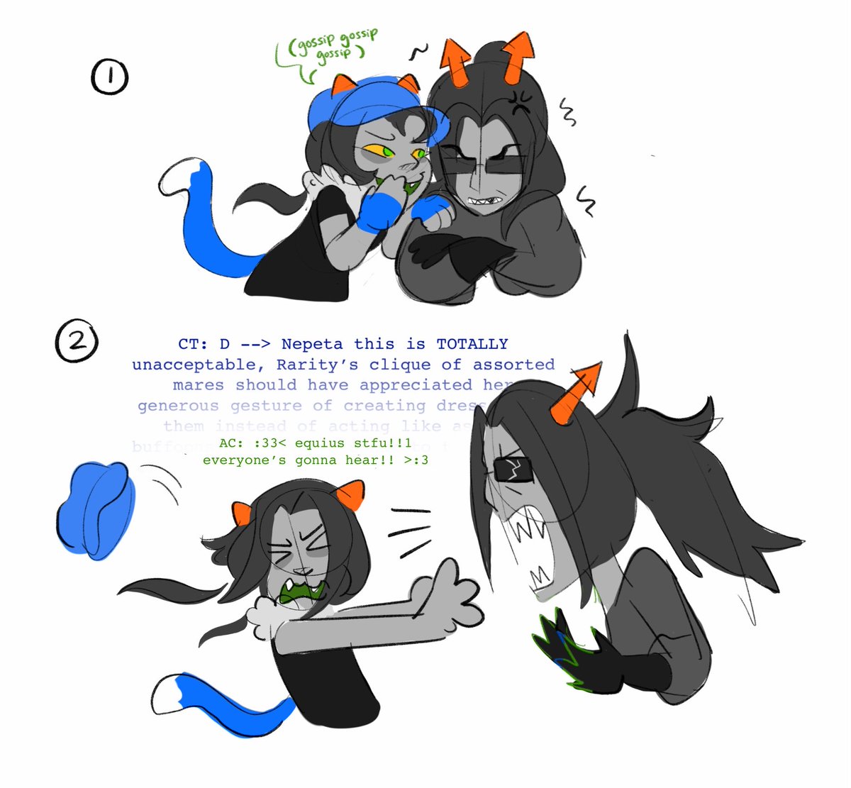 nyanp1e's tweet image. I couldn’t think of what to write for equius so I wrote the first horse related thing I could think of 😭😭😭 #meowrails #homestuck #beforus #nepeta #equius
