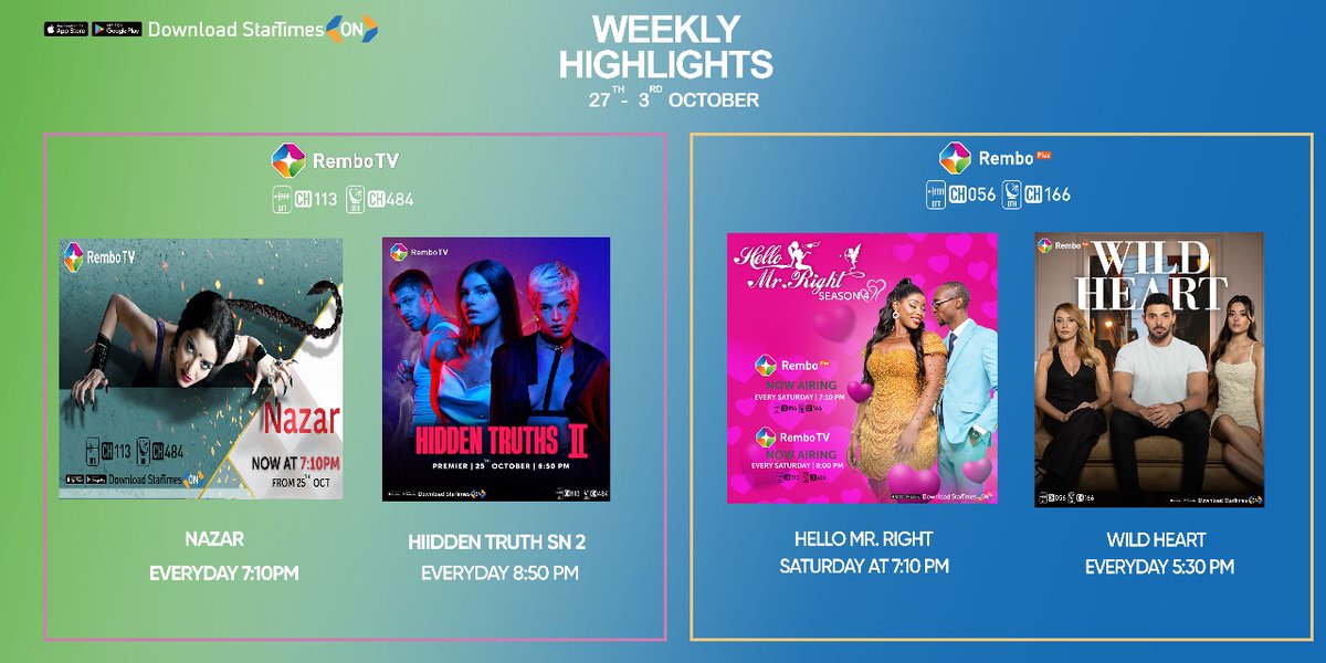 🔥Your week just got better!🔥
Catch all your favorite shows- drama, Love and suspense all week long on REMBO TV and REMBO PLUS!
Don't Miss a single moment - it's Entertainment Every Day!🎥✨