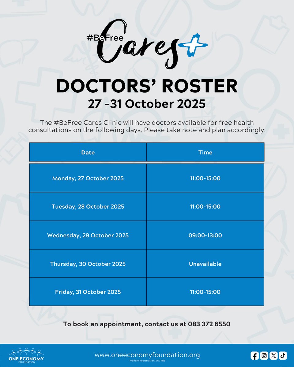 Kindly take note of the doctors’ schedule for this week 🩺

The #BeFree Cares Clinic is here to support you with free reproductive health services, ensuring you have access to the care you need. ❤️‍🩹

📲To book your appointment, contact us at +264 83 372 6550