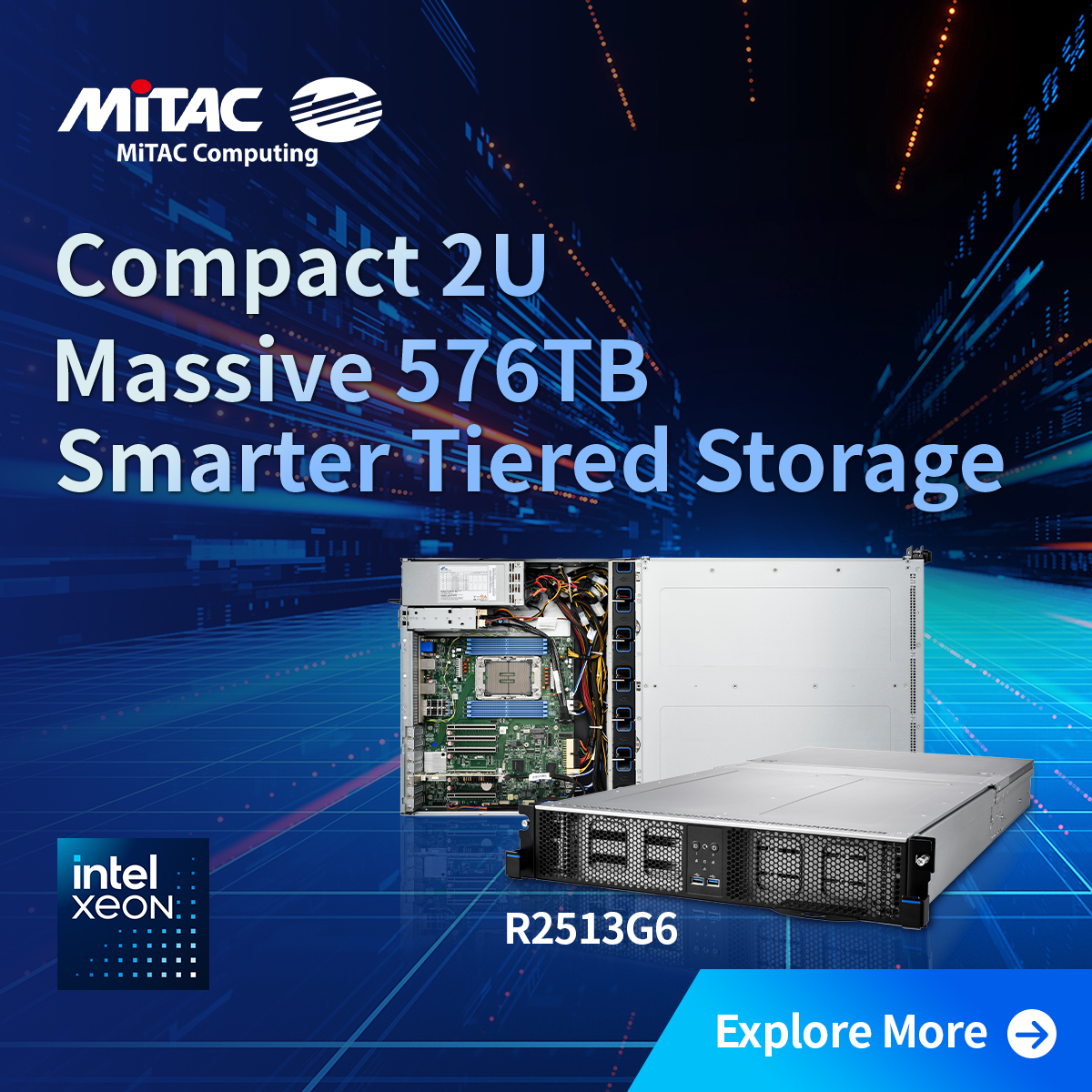 MiTACcomputing's tweet image. Discover the R2513G6 #storage server, offering up to 576TB in 2U. Powered by #Intel® Xeon® processors, it features DDR5-6400 memory, Broadcom RAID, and 1,300W redundant. 

Perfect for #cloud, analytics, and enterprise storage needs. 

Explore More pse.is/R2513G6HYBD_2V