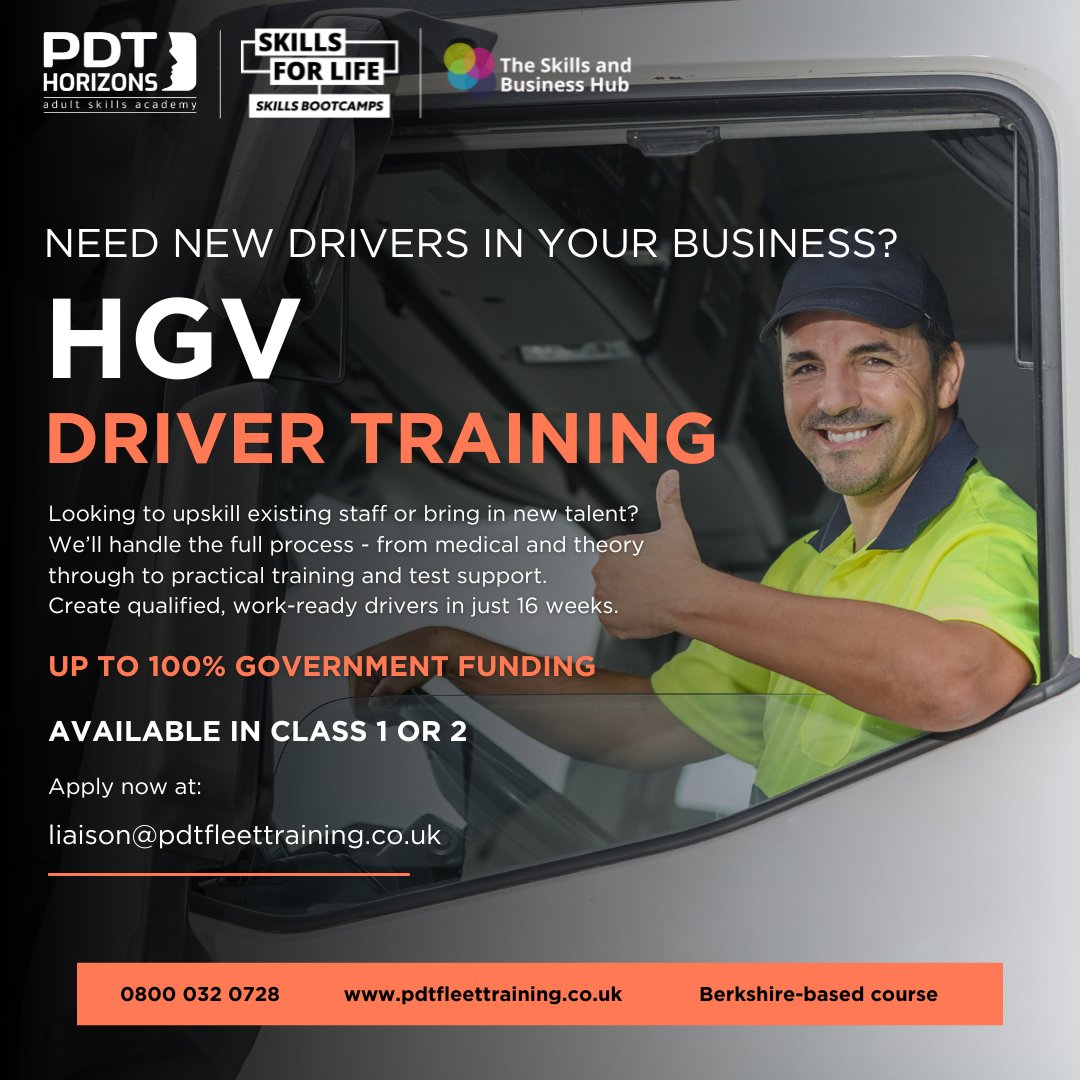 PDTsolutions's tweet image. Need qualified drivers in your business?

The HGV Skills Bootcamp delivered by PDT Horizons helps employers upskill existing staff or bring in new recruits, with up to 100% government funding available.

We manage the entire process for you from driver medicals and theory tests…
