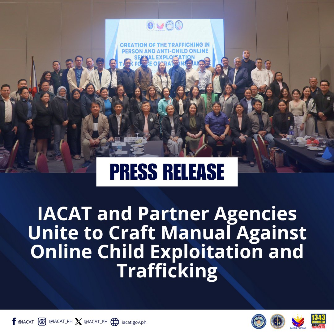 IACAT_PH's tweet image. The IACAT, in coordination with the NCC OSAEC CSAEM Secretariat, launched the initial development of the Anti-Child Online Sexual Exploitation and Trafficking Task Force Operations Manual to strengthen inter-agency coordination in combating OSAEC, CSAEM, and TIP cases.

#IACAT