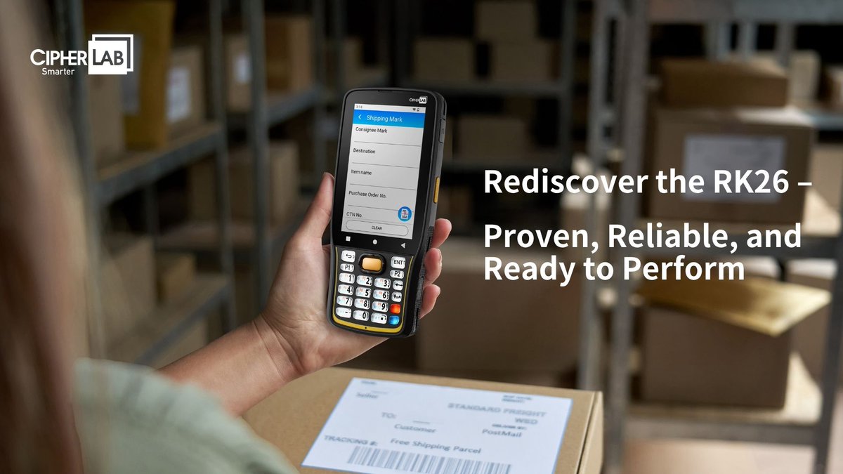 CipherLab's tweet image. CipherLab RK26 Wi-Fi 6 Rugged Mobile Computer keeps retail and warehouse teams connected, productive and confident.

With a bright 4&quot; touchscreen, ergonomic design, and durable keypads, RK26 delivers comfort, accuracy and reliability every shift.

👉 bit.ly/3WY3rtU