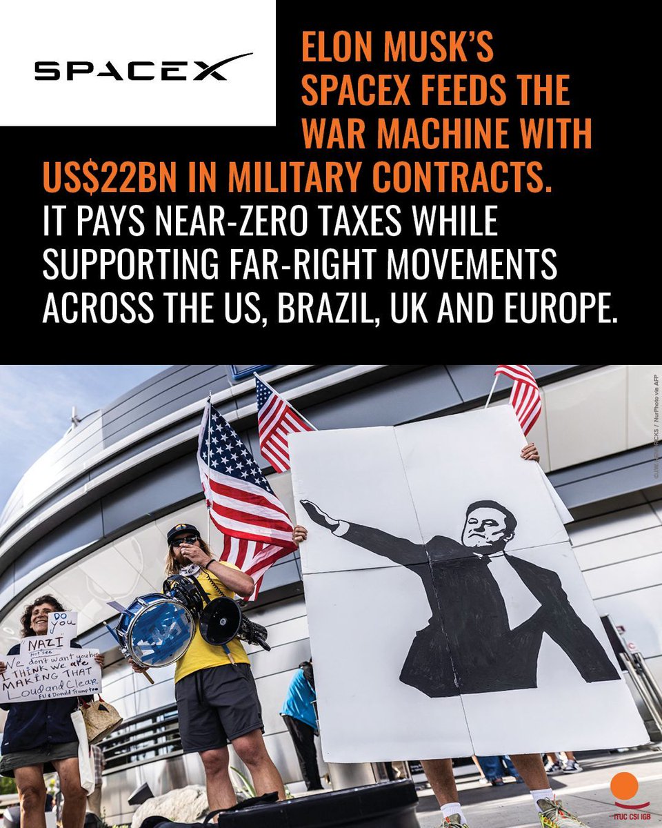 📢 ITUC names SpaceX a corporate threat to democracy

👀 Not just rockets — SpaceX is embedding itself in military infrastructure and bankrolling far-right agendas.

⚠️ When space becomes a battlefield, democracy isn’t safe.

📎 Read the report: ituc-csi.org/corporate-unde…
#SpaceX