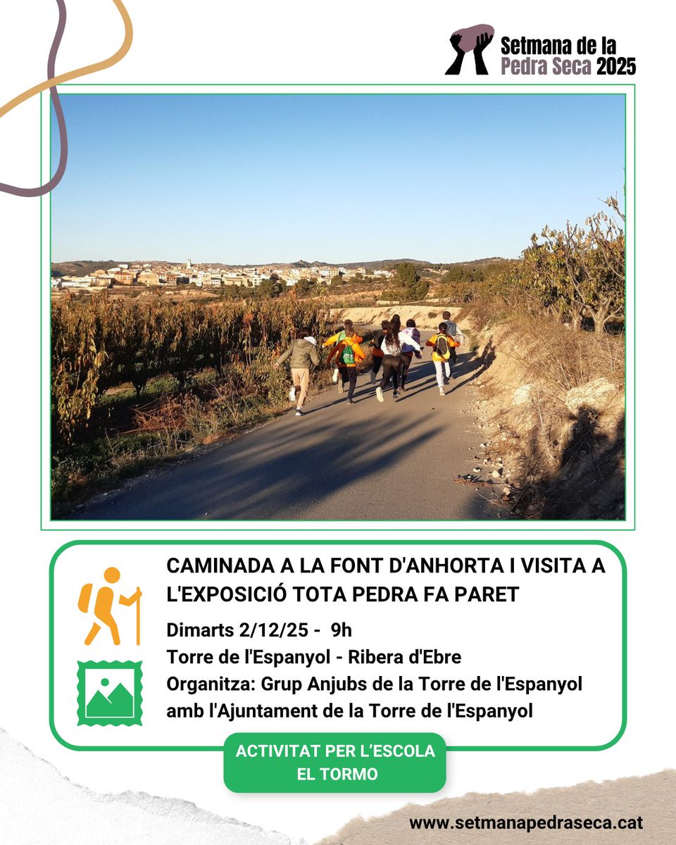 SetmPedraSeca's tweet image. 🟢 DIVULGACIÓ
🚶🖼️Caminada a la font d&apos;Anhorta i visita a l&apos;exposició TOTA PEDRA FA PARET ambl&apos;escola El Tormo

🗓2/12
📍Torre de l&apos;Espanyol
📌Organitza: Grup Anjubs Torre de l&apos;Espanyol, Ajuntament Torre de l&apos;Espanyol
👇
setmanapedraseca.cat/activitats/age…

#SetmanaPedraSeca25 #PedraSeca