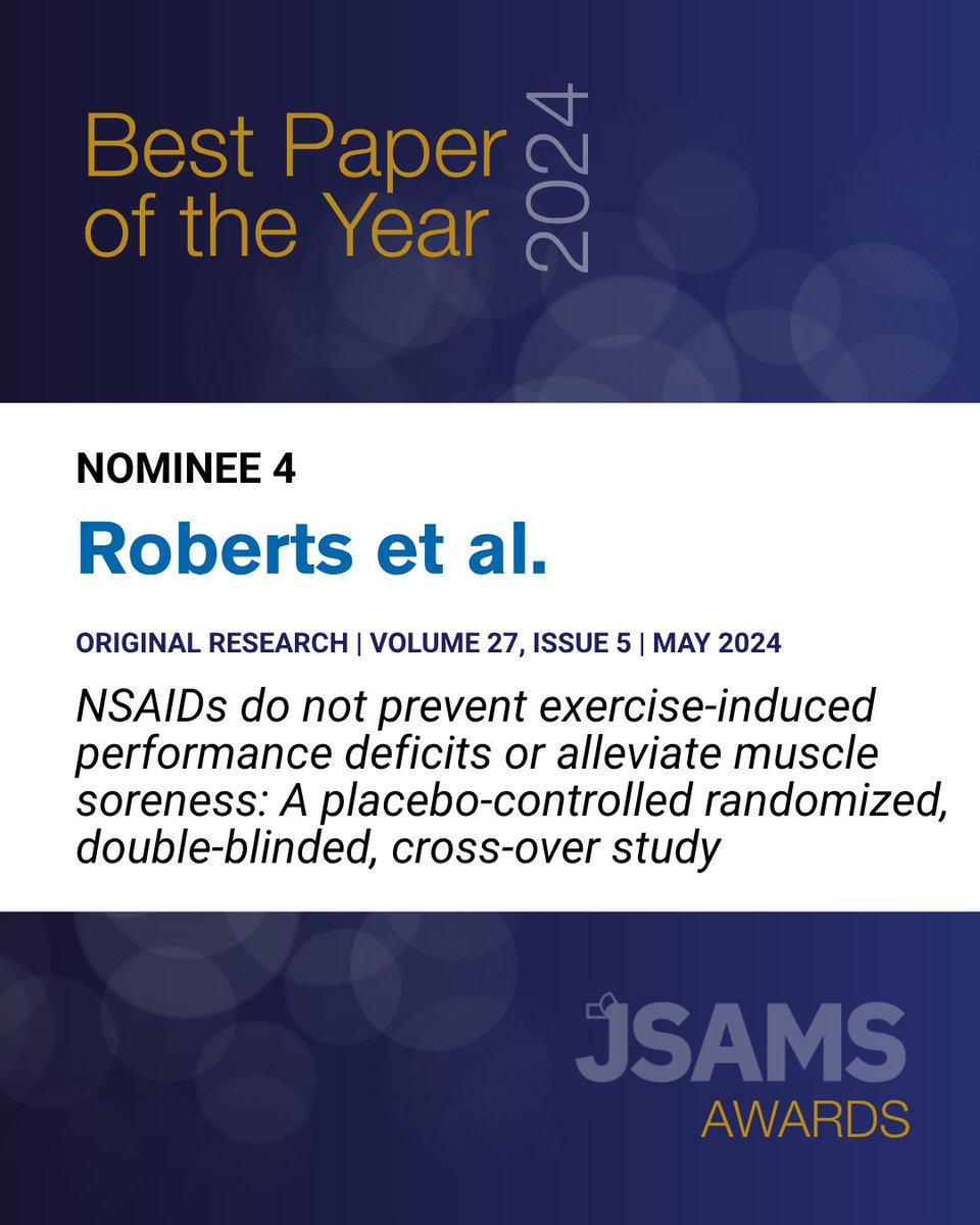 _JSAMS's tweet image. We’re excited to announce the fourth #JSAMS Best Paper nominee, Brandon Roberts et al.

The randomized crossover study of 12 adults explores the effects of pre-exercise NSAIDs on improving soreness or performance. Read: zurl.co/YX8AL
#sportsmedicine #research