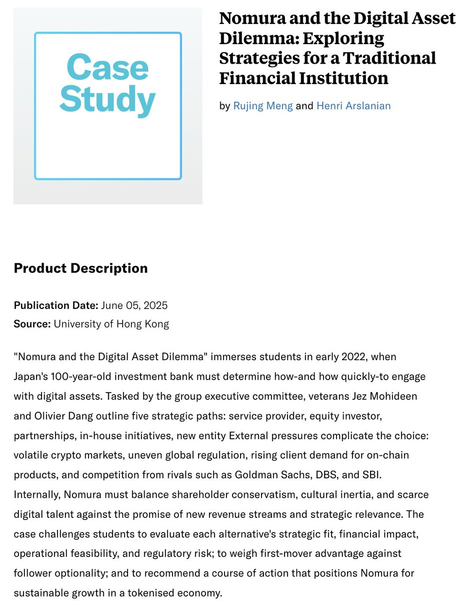 Never thought I’d one day be featured in a Harvard case study with <a href="/Jez_Laser/">Jez Mohideen</a>. What started in 2022 at <a href="/Nomura/">Nomura</a> as an idea to scale digital assets became <a href="/LaserDigital_/">Laser Digital</a> 

Thanks to <a href="/HenriArslanian/">Henri Arslanian</a> for capturing that journey.

Read the case here: store.hbr.org/product/nomura…