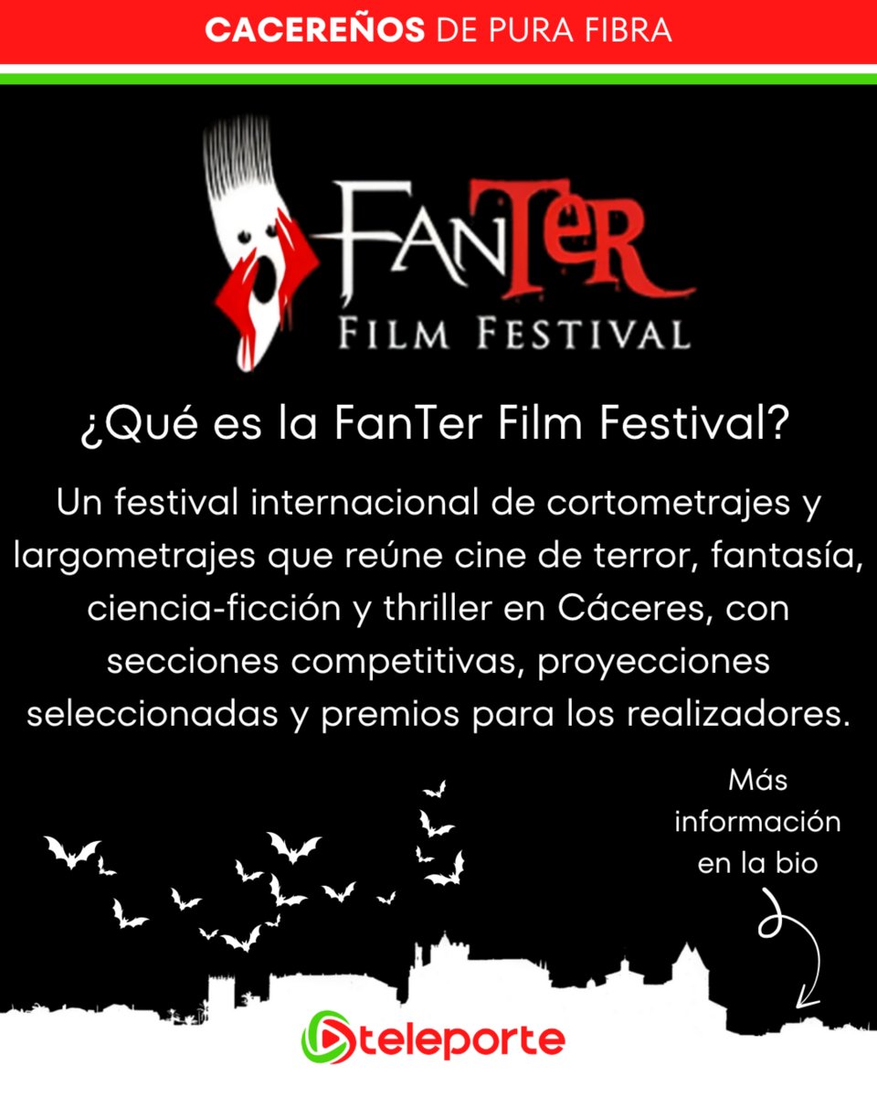 🎬 ¡El #FanterFilmFestival llega a Cáceres!
Cine de terror, fantasía, ciencia ficción y thriller en un evento único para los amantes del género 👻🚀🔮
📅 ¡No te lo pierdas!
👉 Más info en fanterfilmfestival.com

#Cine #Terror #CineFantástico #SciFi #FestivalDeCine