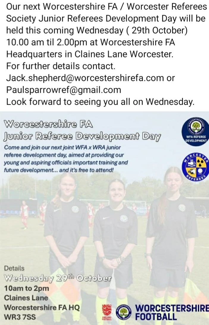 This Wednesday 👇👇
Free development session. Hope to see lots of you there.
#referees #WorcestershireHour #grassrootsfootball #WorcestershireFA 
#farefereeing #Worcester