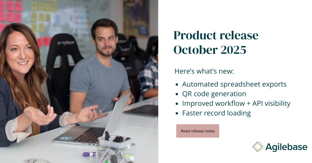 agilebase's tweet image. Here’s what’s inside our October release:
📂 Automated spreadsheet exports
📘 QR code generation 
🧠 Improved workflow + API visibility 
⚡ Performance enhancements 
👉 agilebase.co.uk/october-2025-n…
#Automation #NoCode #Integration #Agilebase #DigitalTransformation