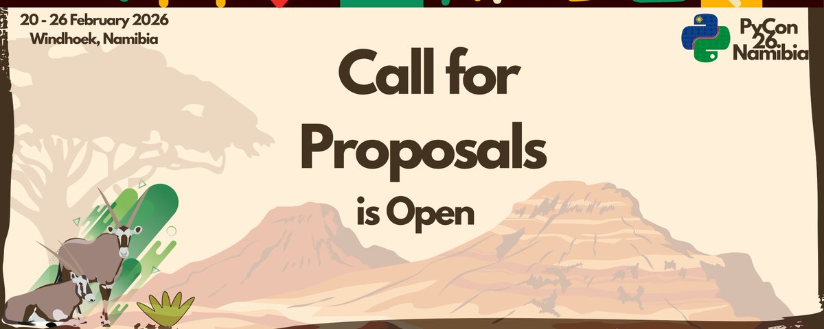 PyConNA's tweet image. 🎉 Call for Proposals is Now Open! 🎉
We’re excited to announce that PyCon Namibia 2026 is now accepting talk, tutorial, and workshop proposals!
🗓️ Deadline: Dec 1, 2025
🔗 Learn More & Submit Here: na.pycon.org/speaking/
#PyConNA26 #PyConNamibia2026