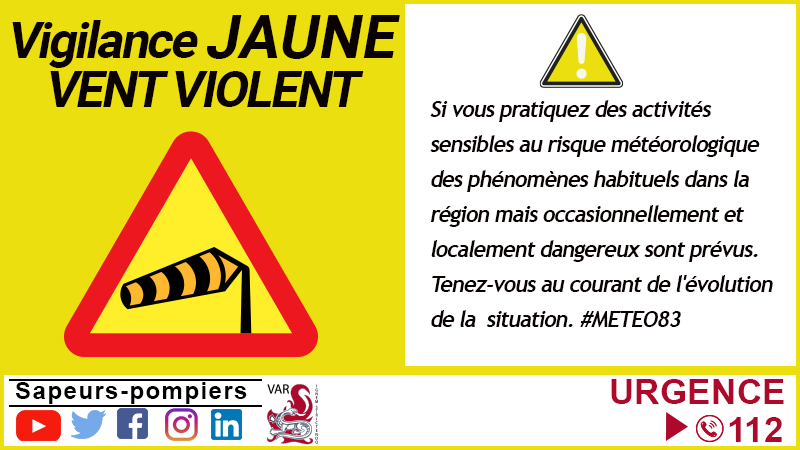 #METEO83 | ⚠️#TousVigilants ce lundi 27 octobre le #Var
🟡Vigilance JAUNE Vent Violent
🚗Prudence dans vos déplacements
Info météo
📷vigilance.meteofrance.fr
<a href="/Prefet83/">Préfet du Var</a> <a href="/grohin_e/">egrohin</a> <a href="/DLain83/">Dominique LAIN</a>