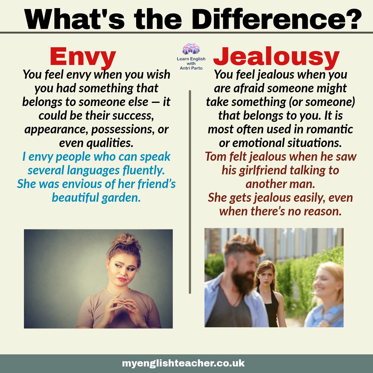 MyLinguaAcademy's tweet image. Jealous or envious? 🤔
They’re not the same thing! 💚
Find out the real difference (and how to use both like a native speaker!)
👉 Read more: buff.ly/rMfD0FU 

#EnglishVocabulary #LearnEnglish #FCE #CAE #EnglishLesson