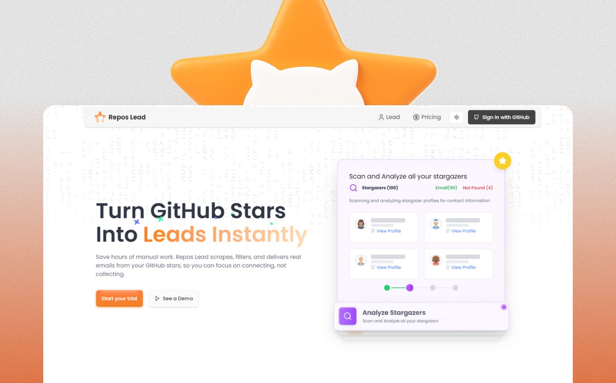 naymur_dev's tweet image. We just launched Repo-Lead ๐
The idea started simple, itโs hard to find real developer contacts. So I built a tool that turns GitHub activity into verified developer leads.
Turn any GitHub profile into a Lead.
Would love your thoughts and feedback โค๏ธ