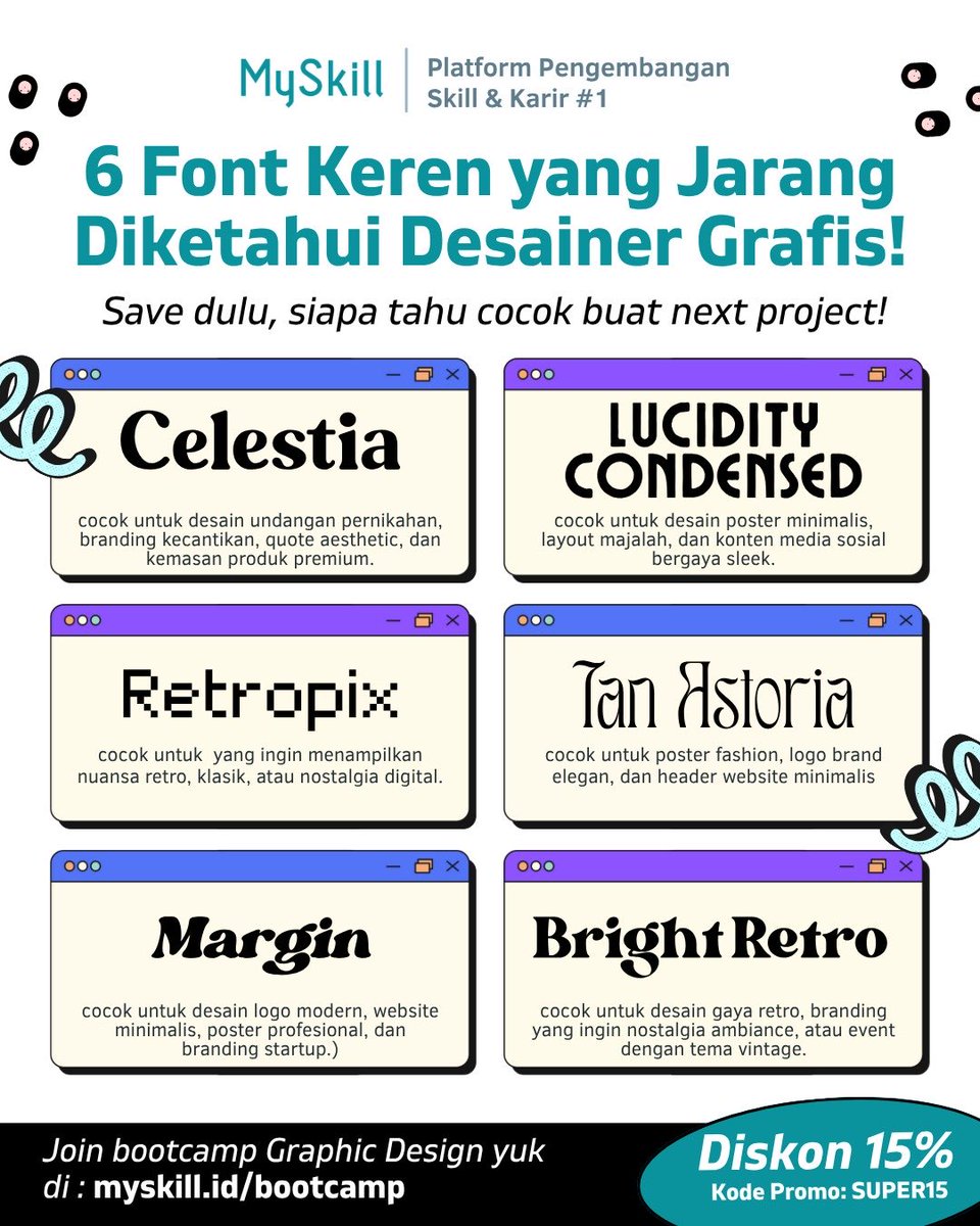 myskill_id's tweet image. Font keren yang jarang diketahui orang! Save dan share ke temen kamu, yuk! 🫶
Yuk, belajar graphic design dari 0 di bootcamp Graphic Design with Canva bareng expert!✨
Daftar sekarang pake kode promo SUPER15 di:
📍myskill.id/bootcamp