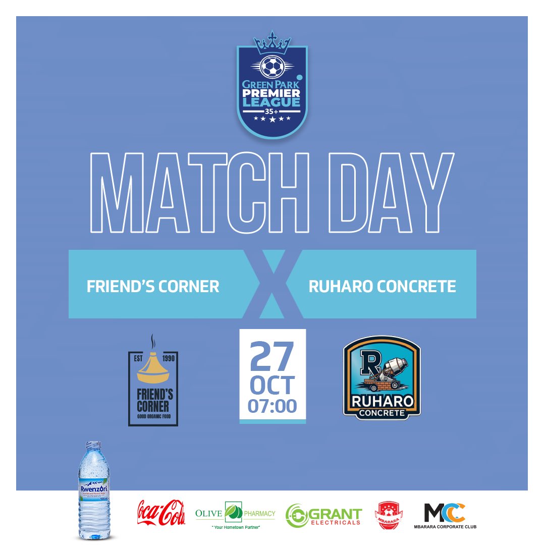 🔵𝗠𝗔𝗧𝗖𝗛𝗗𝗔𝗬!🔵

 Friends Corner 🆚 Ruharo Concrete   

🏟️ Green Park Stadium
🏆 Premier league 
⏰ 7:00pm (EAT)

Don’t Miss Action ⚽️💙💙
#GreenParkPremierLeague 35+