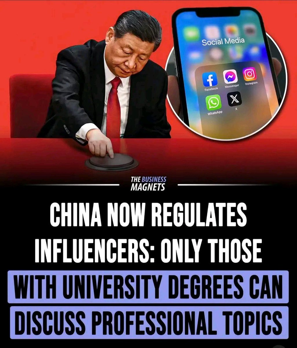 Nyandia_G's tweet image. China just made it official: Only influencers with university degrees can talk about “professional topics” like medicine, finance, law, or education.

No degree? No mic.

Translation: If you’re giving investment tips, health advice, or legal takes online - you now need…