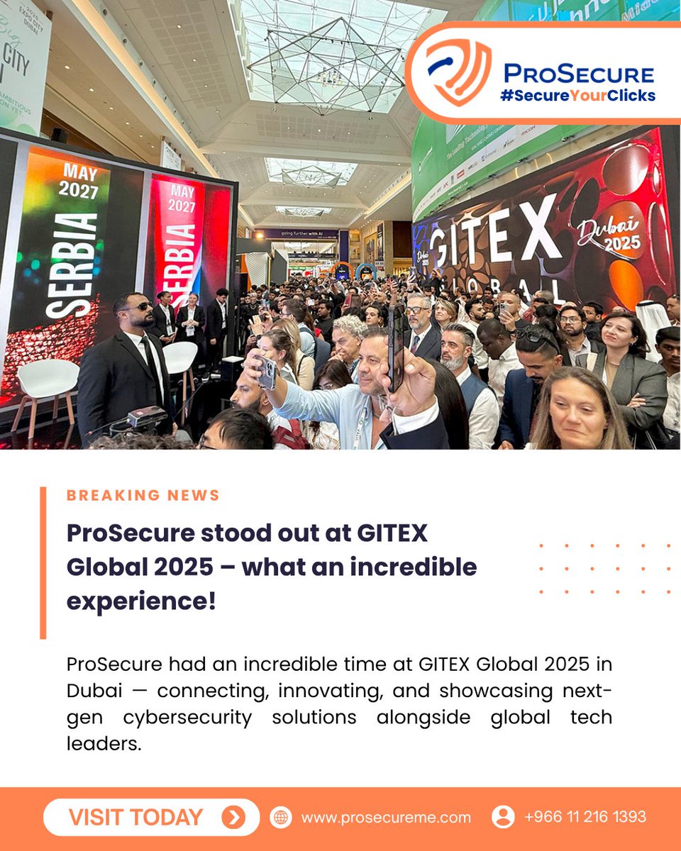 ProsecureME's tweet image. What an incredible experience at #GITEX2025 in Dubai! 🚀

Team @ProsecureME connected, innovated, and showcased next-gen #cybersecurity solutions alongside global tech leaders. 🔐🌍

#ProSecure #SecureYourClicks #TechInnovation #CyberDefense #DubaiTech