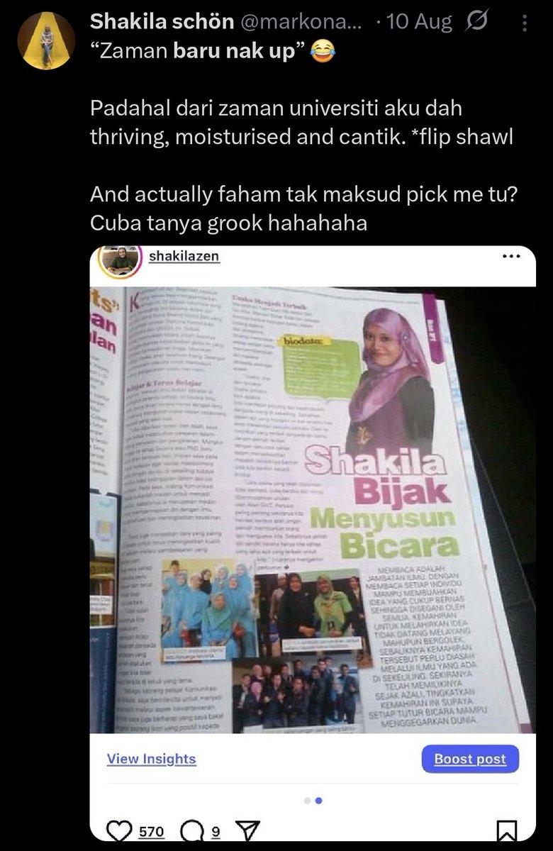 "Shakila bijak menyusun kata", More like bijak melucah in public. Ironinya dia fight for :

"make school a safe place"
dalam context sexual harrassment.

Tapi lidah banyak zikir perkataan lucah..

Aku bersyukur misoginistic and misandristic pompuan macam kau takde keturunan...