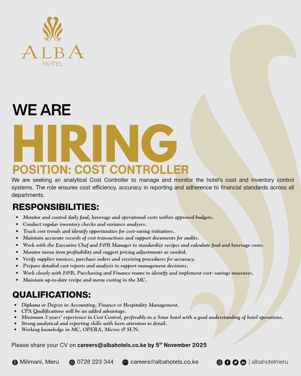 We’re not just crunching numbers, we’re fueling experiences. Become Alba Hotel’s next Cost Controller and redefine value with every calculation. 
#FinanceInHospitality #AlbaMeru #werehiring #job