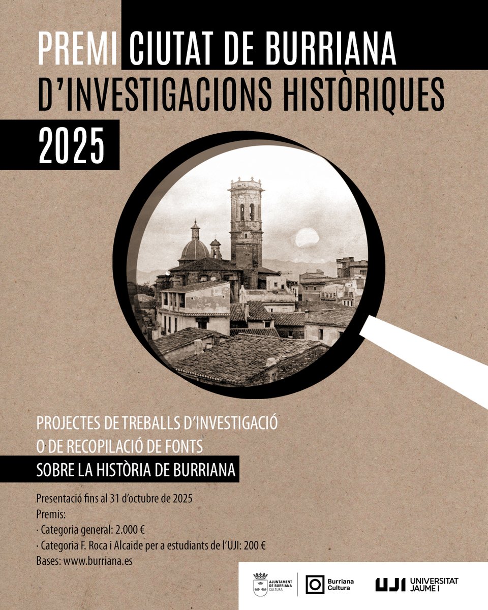 AMBurriana's tweet photo. El termini per a presentar projectes al Premi Ciutat de Burriana d'Investigacions Històriques finalitza este divendres, 31 d'octubre. 

#Burriana #AjuntamentBurriana https://t.co/Cvy4iAaZJ5