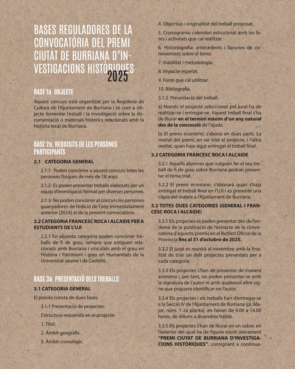 AMBurriana's tweet photo. El termini per a presentar projectes al Premi Ciutat de Burriana d'Investigacions Històriques finalitza este divendres, 31 d'octubre. 

#Burriana #AjuntamentBurriana https://t.co/Cvy4iAaZJ5