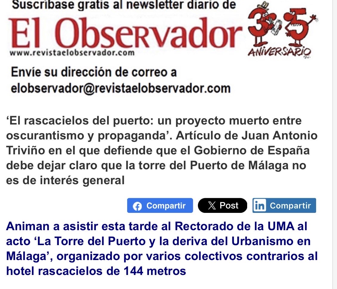 Er_Trivi's tweet photo. ‘El rascacielos del puerto: un proyecto muerto entre oscurantismo y propaganda’. Artículo de Juan Antonio Triviño en el que defiende que el Gobierno de España debe dejar claro que la torre del Puerto de Málaga no es de interés general

https://t.co/g8IzTuK1x8 https://t.co/u2K8HJS5ao