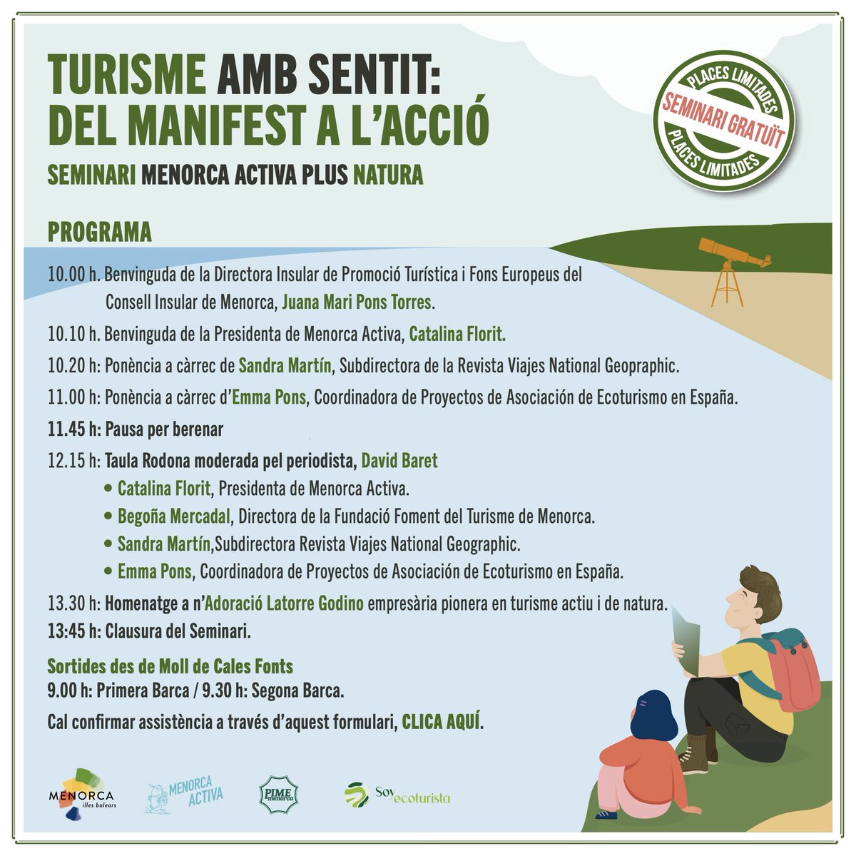 🌿 Abiertas las inscripciones 🌿
🗓 I Seminario Menorca Activa Plus Natura
“Turismo con sentido: del manifiesto a la acción”
📍 Llatzeret de Maó
📅 Viernes 14 de noviembre de 2025 · 10:00 a 13:45 h

🔗docs.google.com/forms/d/e/1FAI…

<a href="/TurismoMenorca/">Turismo de Menorca</a> <a href="/pimemenorca/">PIME Menorca</a>