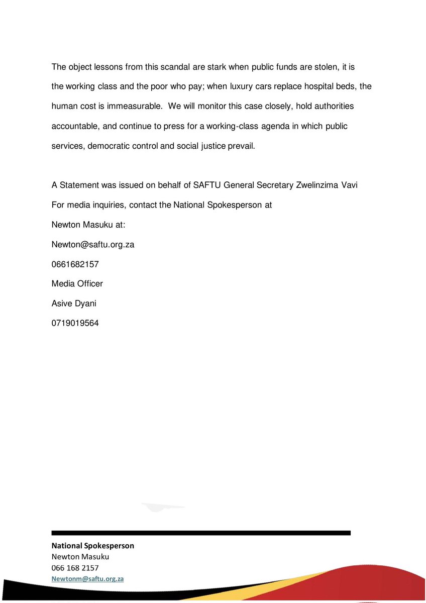 SAFTU calls for full criminals prosecution of the Tembisa Hospital tender looting scandal. Where <a href="/Hosh_Don/">Hangwani Morgan Maumela | Hosh Karadon</a> identified as a major figure in the looting... R52 million hyper cars???!!!... <a href="/SAFTU_media/">SAFTU</a> demands listed on the statement. #saftu #Tender #tembisahospital
