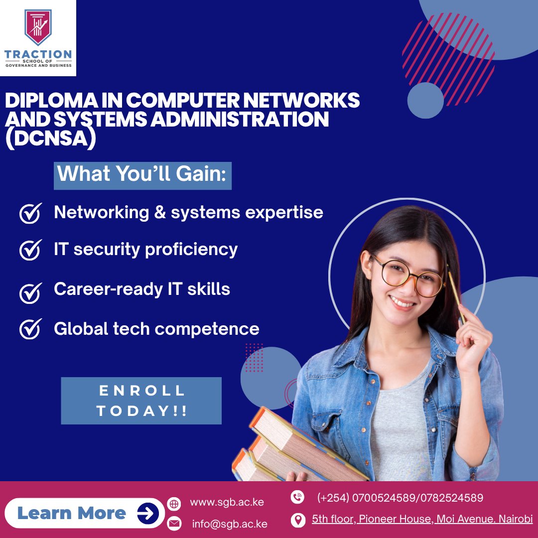 Traction_sgb's tweet photo. Keep the world connected.
Master IT systems &amp; networks with our Diploma in Computer Networks and Systems Administration (DCNSA) 
📲 Enroll Now: https://t.co/aglrh4jlHp
#DCNSA #TechCareers #Networks #SystemsAdmin #TractionSchool https://t.co/0rJUpOQLoG
