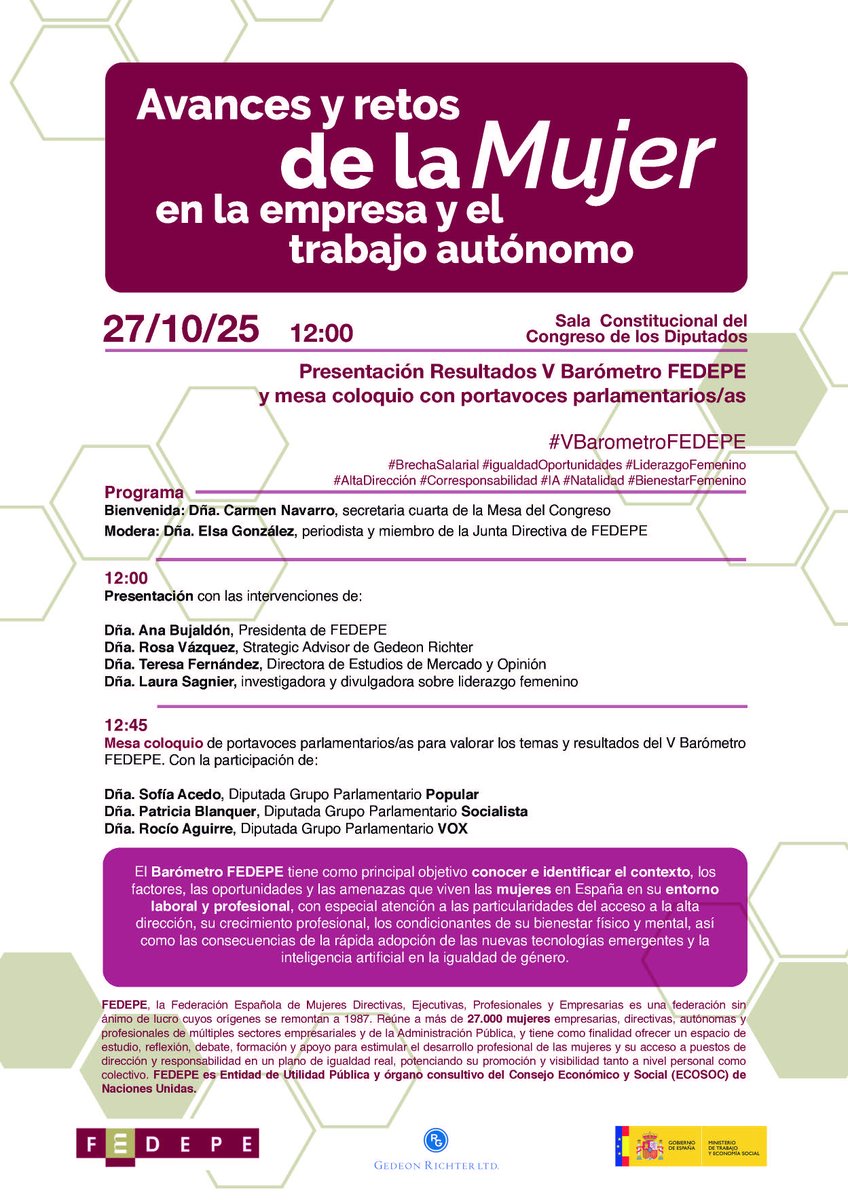 MujeresFedepe's tweet photo. 📈Esta mañana presentamos #VBarómetroFEDEPE en el @Congreso_Es 
Modera: @ElsaGlezDiaz 
Intervienen: @CnLacoba, Secretaria 4ª Mesa Congreso; @AnaBujaldon , presidenta FEDEPE
Laura Sagnier: Investigadora 
Mesa coloquio con las diputadas: @Patri_Blanquer @SofiAcedo y @RoAguirreGil https://t.co/nNsL9vvh5u