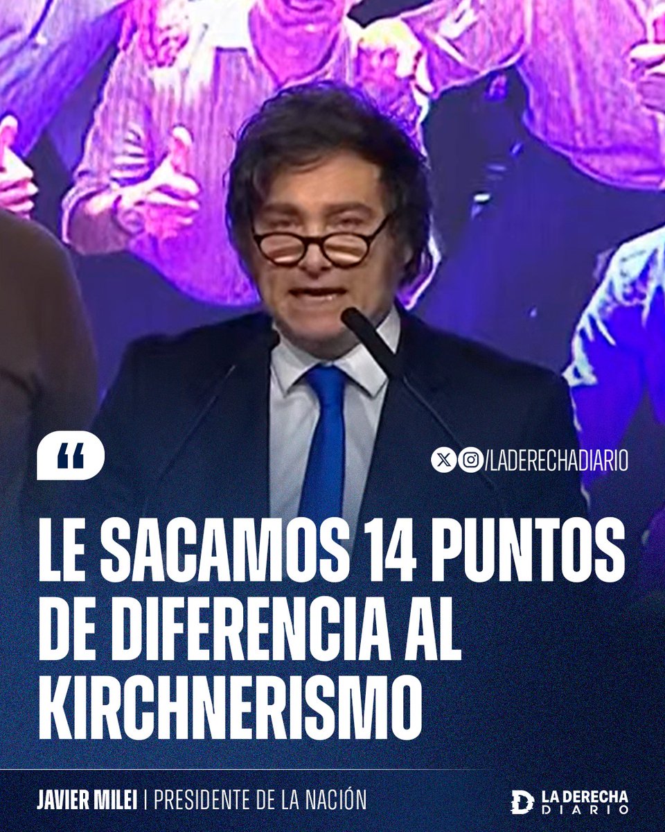 laderechadiario's tweet photo. 🇦🇷 | "Le sacamos 14 puntos de diferencia al kirchnerismo": El presidente Javier Milei destacó el batacazo histórico de La Libertad Avanza en las elecciones legislativas nacionales. https://t.co/HtCtKCXIFC