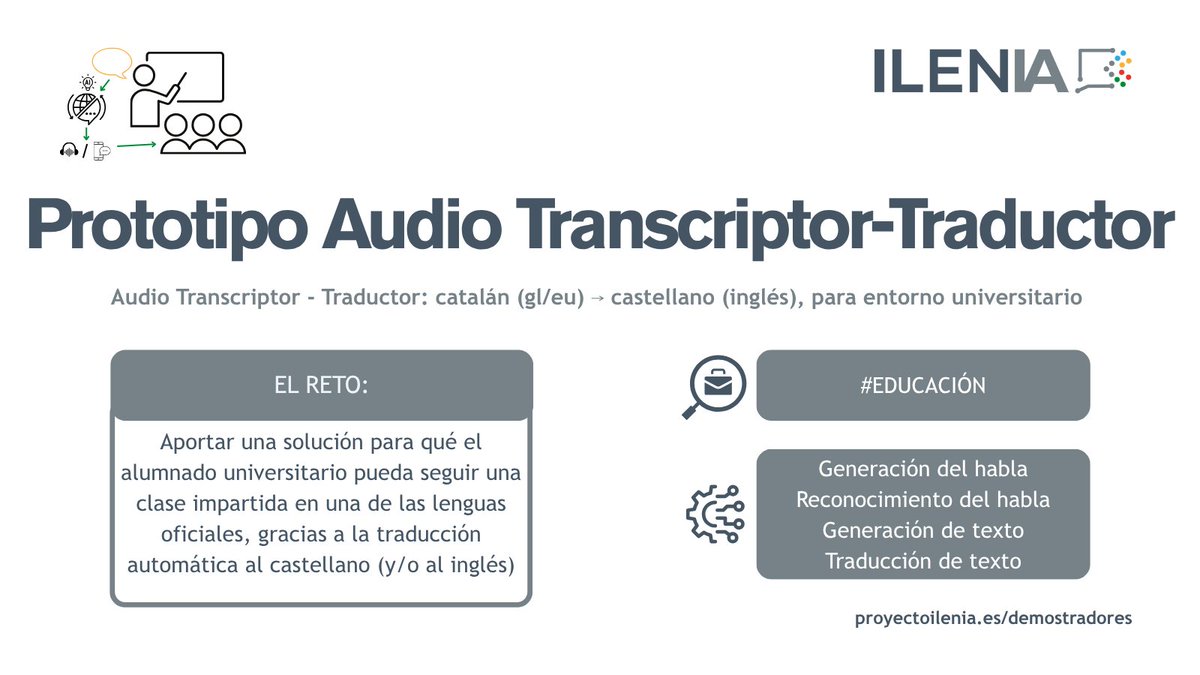 proyecto_ilenia's tweet image. 🔄ILENIA está desarrollando una solución de traducción automática para las aulas universitarias
🧑🎓Debe permitir seguir en vivo una clase impartida en alguna de las lenguas cooficiales
👉Éste es uno de los 8 #demostradores en los que estamos trabajando
🔗proyectoilenia.es/demostradores/…