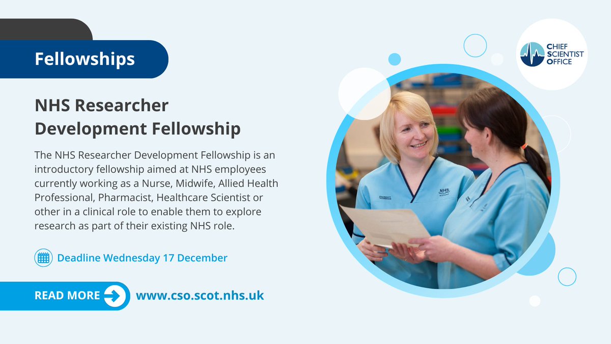 Applications are now open for the <a href="/CSO_Scotland/">CSO(Health)Scotland</a> NHS Researcher Development Fellowship.

The closing date for applications is midday on Wednesday 17 December 🔗 cso.scot.nhs.uk/fellowship-fun…