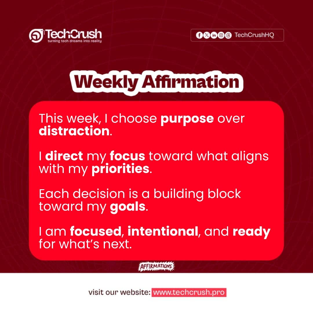 TechCrushHQ's tweet image. Choose progress this week. Not the noise, not the distractions.

You’ve got goals that deserve your full focus so lock in and move with intention.

We’re rooting for you every step of the way.

Have a productive weekend!!!!

#techcrush