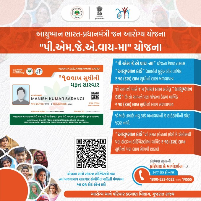 આયુષ્માન ભારત-પ્રધાનમંત્રી જન આરોગ્ય યોજના (પી.એમ.જે.એ.વાય-મા) દર વર્ષ ₹10 લાખ સુધી મફત સારવારનો લાભ  વધુ માહિતી માટે 1800-233-1022 અથવા 14555 પર સંપર્ક કરો  ♻️ શુ આપનુ અને પરિવારના દરેક સભ્ય કાર્ડ બની ગયું છે ? #PMJAY <a href="/SURAT_DDO1/">DDO SURAT</a> <a href="/CDHOSURAT/">CDHO Surat</a> <a href="/AdhoSurat/">ADHO SURAT</a> <a href="/HealthDeptGuj/">Health Department Gujarat</a> #ABPMJAY