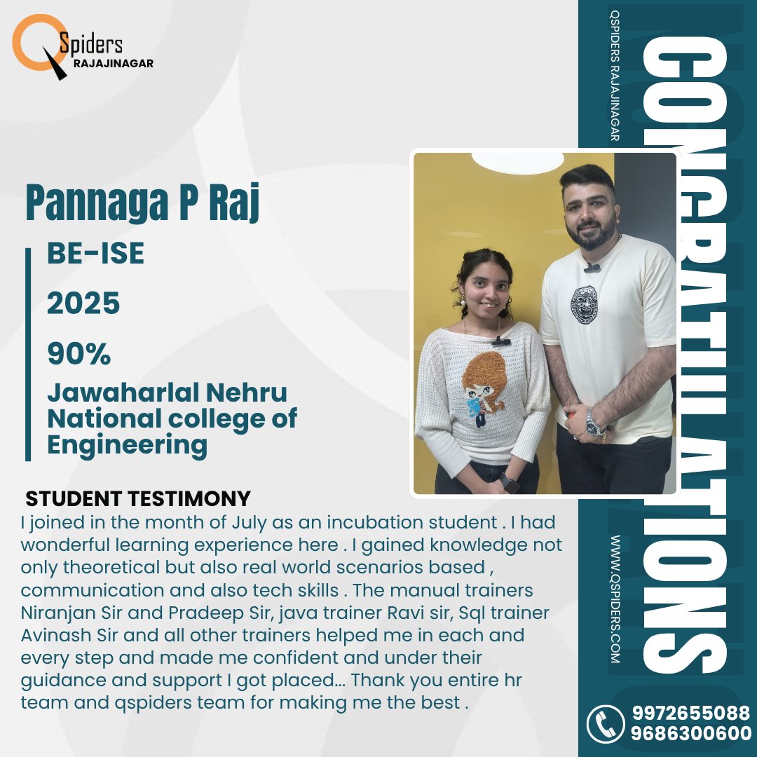 QRajajinagar's tweet image. Congratulations to Pannaga Pt to got placed — your journey is truly inspiring! 
#JavaTraining #SQLTraining #MockInterviews #CareerDevelopment #QSpidersJourney #CareerSuccess #QSpidersStudent #Motivation #JobReady #LearnAndGrow #jawaharlalNehruNationalCollegeofEngineering