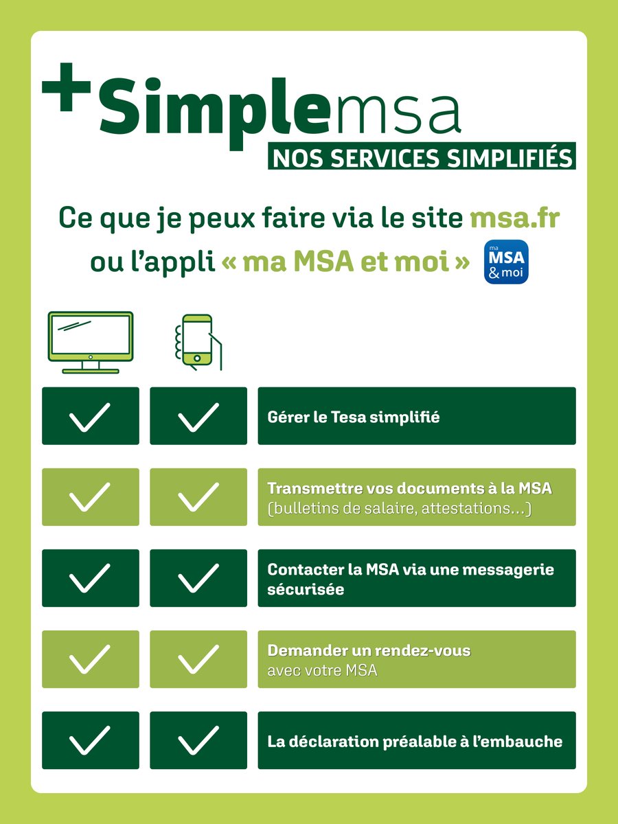 [+SimpleMSA]
Vous êtes employeur de main-d’œuvre ?
📲Gérez vos démarches employeurs via l’appli "ma MSA &amp; moi" directement depuis votre smartphone : envoi de documents, messagerie sécurisée, prise de rendez-vous en ligne… Il suffit de vous connecter avec votre numéro de SIRET🔐