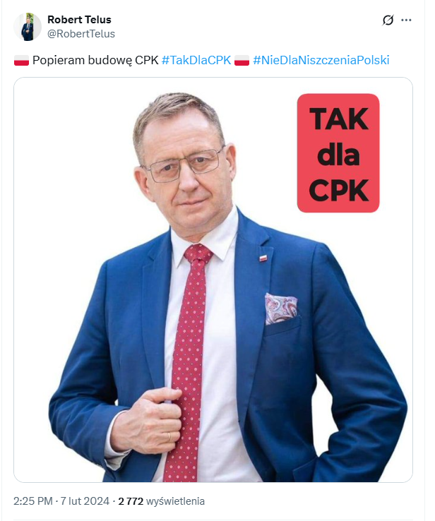 Szymon Jadczak (@szjadczak) on Twitter photo 🚆✈️Robert Telus wrzucił ten wpis dokładnie 69 dni po tym, jak za jego zgodą sprzedano kluczową działkę dla budowy CPK, przez którą mają przejść tory Kolei Dużych Prędkości. 
#TakDlaCPK 
wiadomosci.wp.pl/panstwo-straci… 🚆✈️Robert Telus wrzucił ten wpis dokładnie 69 dni po tym, jak za jego zgodą sprzedano kluczową działkę dla budowy CPK, przez którą mają przejść tory Kolei Dużych Prędkości. 
#TakDlaCPK 
wiadomosci.wp.pl/panstwo-straci…