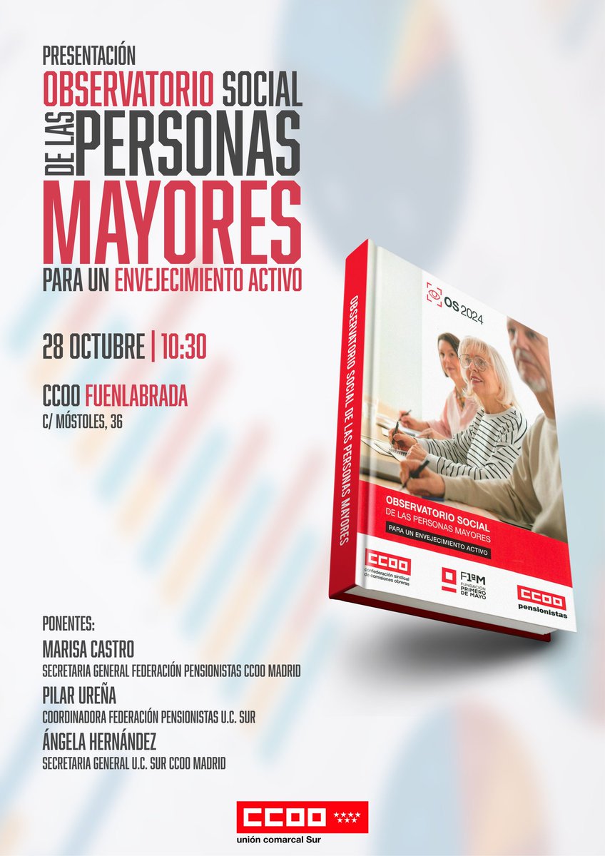 🔴 Mañana, en Fuenlabrada, presentamos el Observatorio Social de las Personas Mayores para un Envejecimiento Activo. 

Contaremos con Marisa Castro, Pilar Ureña y <a href="/angelaherflo/">Ángela Hernández</a>.

📆 Martes 28 de octubre
🕥 10:30 horas
📍 C/Móstoles, 36 (Fuenlabrada) 

¡Te esperamos!