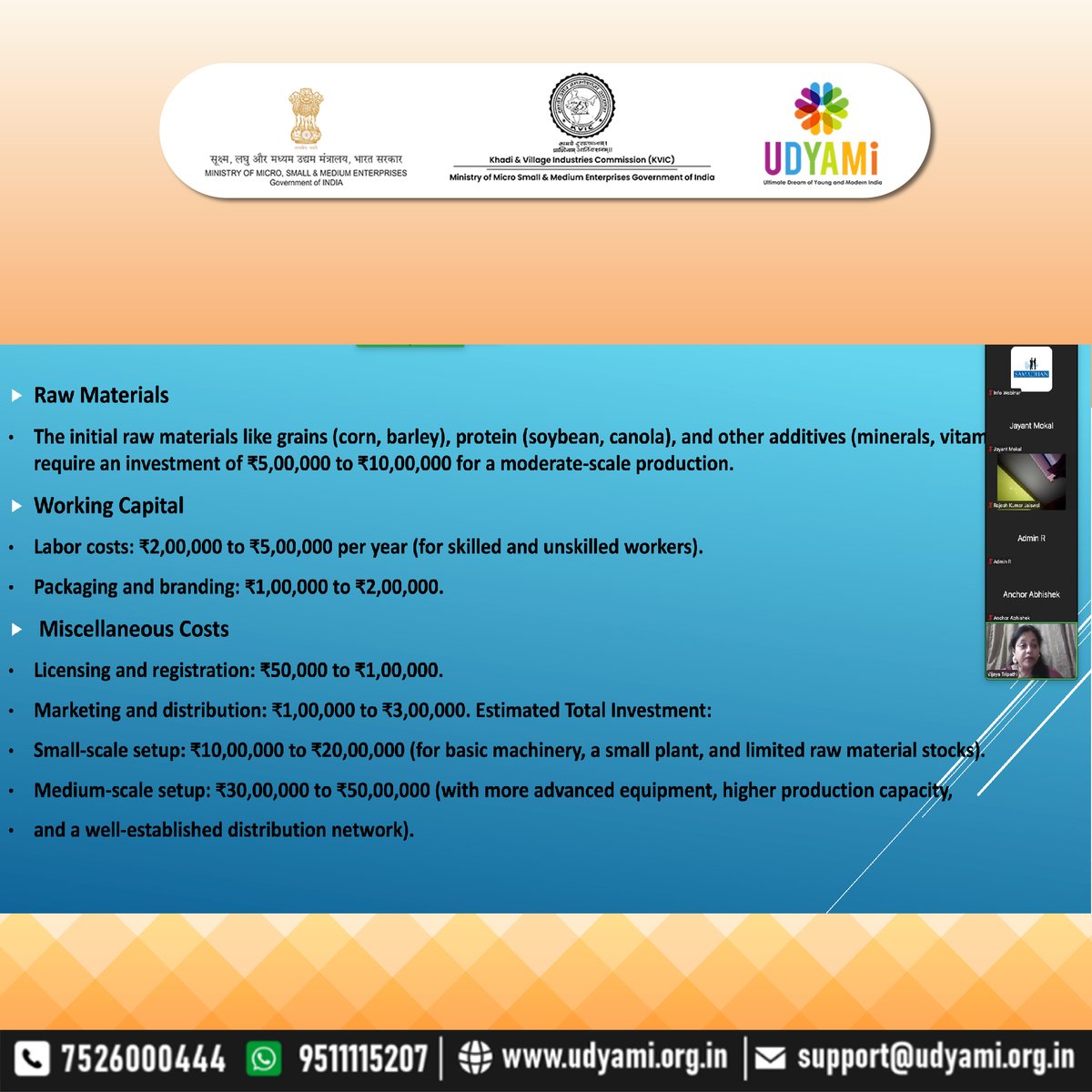 udyamiindia's tweet image. Udyami is proud to announce the success of this week&apos;s webinar under the PMEGP Scheme, on Cattle Feed Manufacturing Business. If you missed out on this webinar, here is the link to the webinar
youtube.com/live/vCMU4mDki…
#cattlefeed #cattlefeedmanufacturing #webinar #FreeWebinar